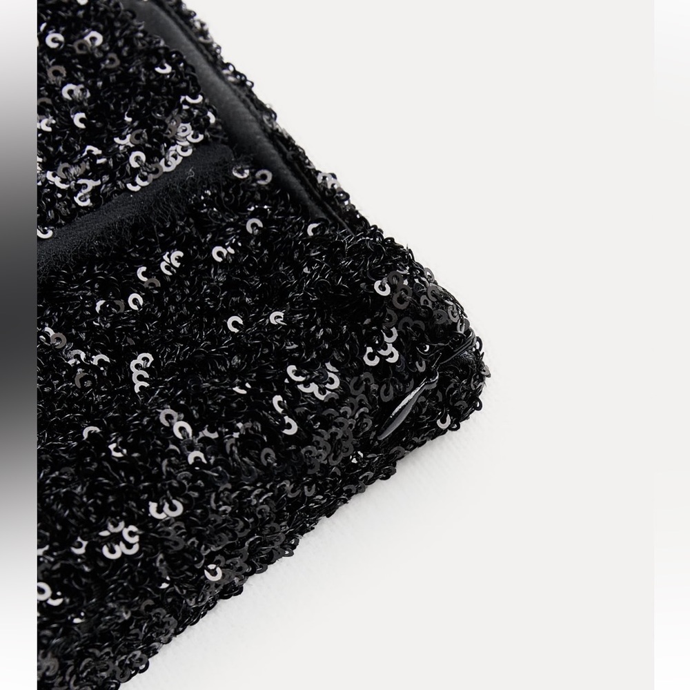 Zara Black Sequin Mini party Skirt mid waist Slit hem ZW Collection size S NWT - Picture 8 of 16
